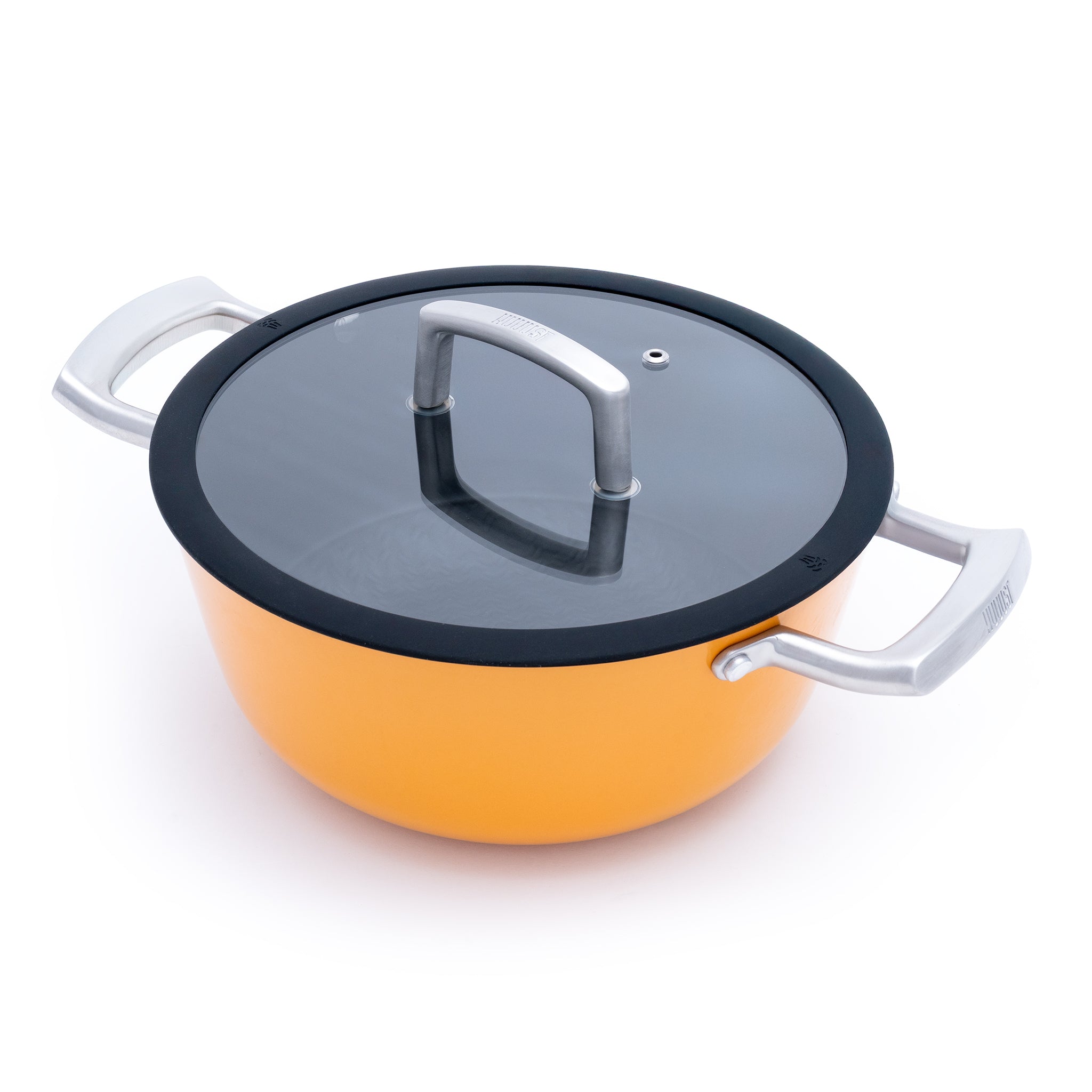 Litinový hrnec o průměru 24 cm z tenkostěnné litiny. Barva: oranžová. Vhodný na polévky, omáčky i pečení.
