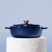 Profesionální kastrol z litiny, 26 cm, smaltovaná úprava pro snadné čištění. Vhodný na všechny typy sporáků. Barva: modrá.