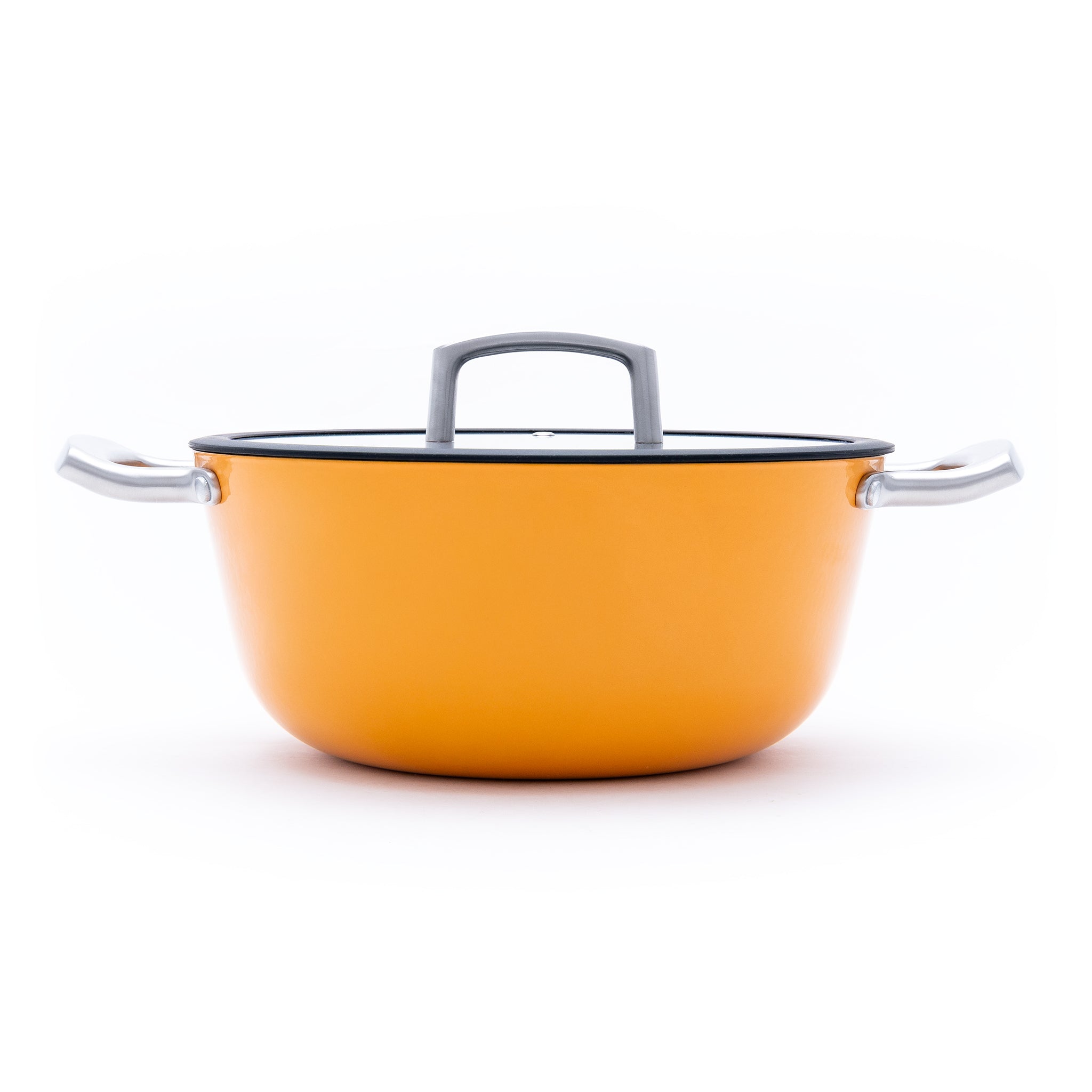 Litinový hrnec o průměru 26 cm z tenkostěnné litiny. Barva: oranžová. Vhodný na polévky, omáčky i pečení.